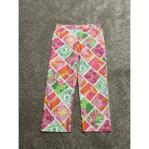 Lilly Pulitzer Chino Pants Womens 10 Pink Green Floral Patch Work - Picture 1 of 8